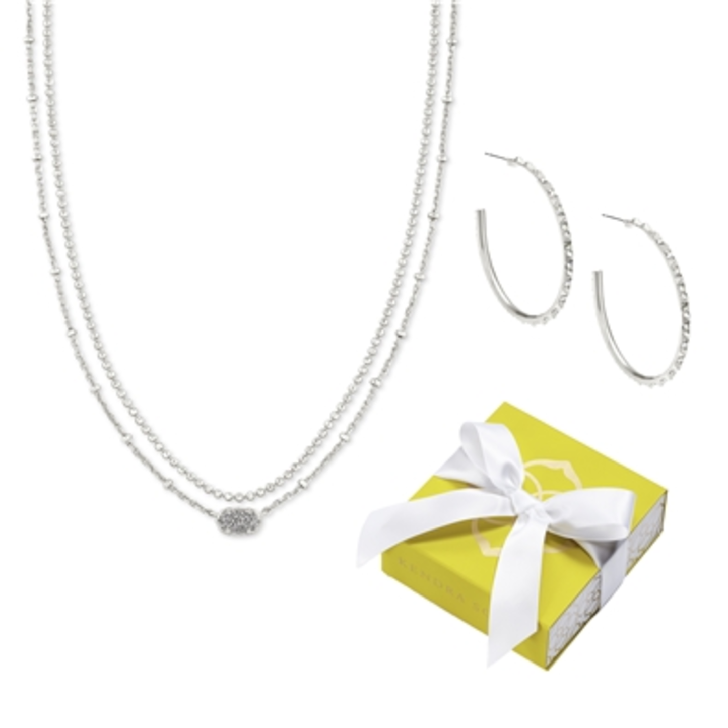 EMILIE NECKLACE & VERONICA HOOP EARRINGS, SILVER/PLATINUM DRUSY