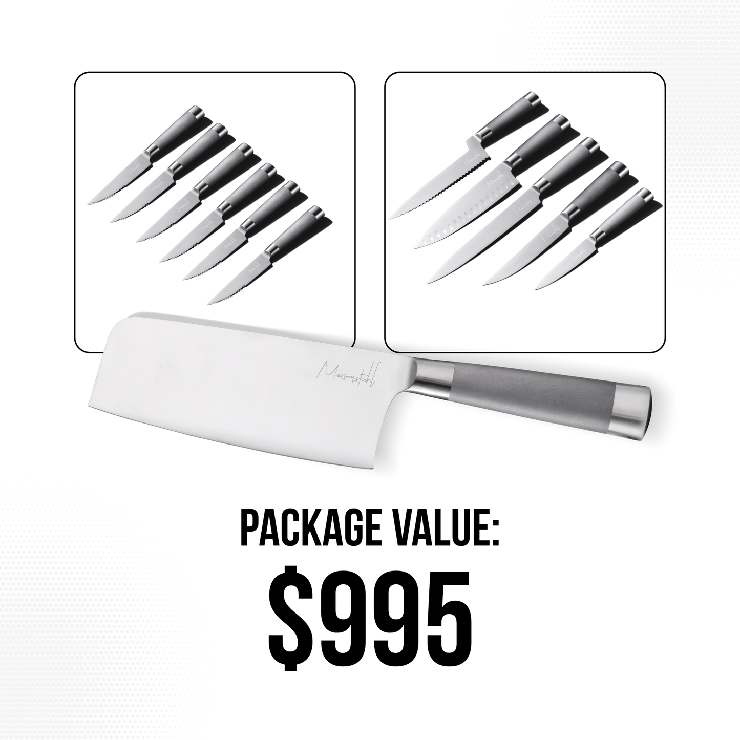 Messerstahl 6pc Steak Knife Set + Messersrahl 5pc Gourmet Knife Set + Messerstahl Gourmet Asian Cleaver