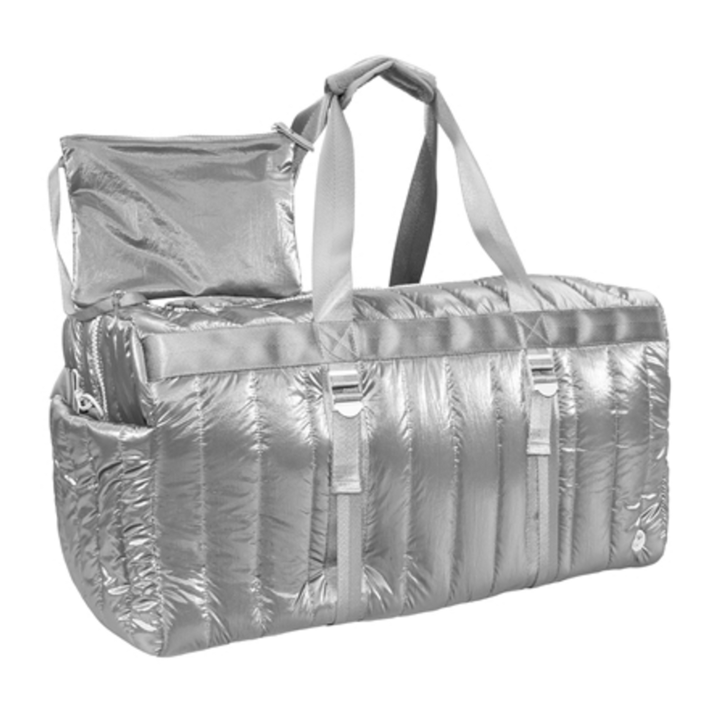 METALLIC QUILTED DUFFLE, CHROME, 22"