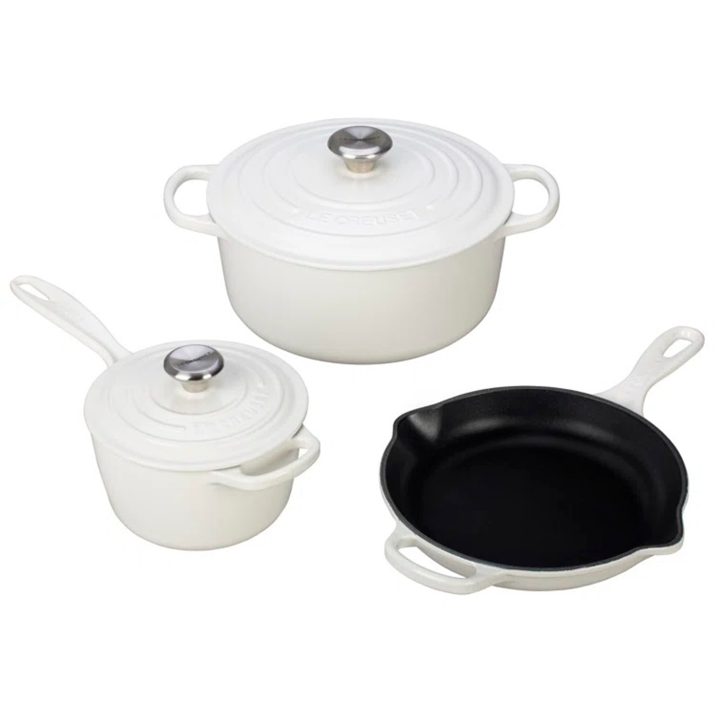 LE CREUSET 5PC SIGNATURE SET - WHITE (5.5QT. SIG. RDO, 1.75QT. SIG. SAUCEPAN, 9 INCHES SIG. SKILLET)