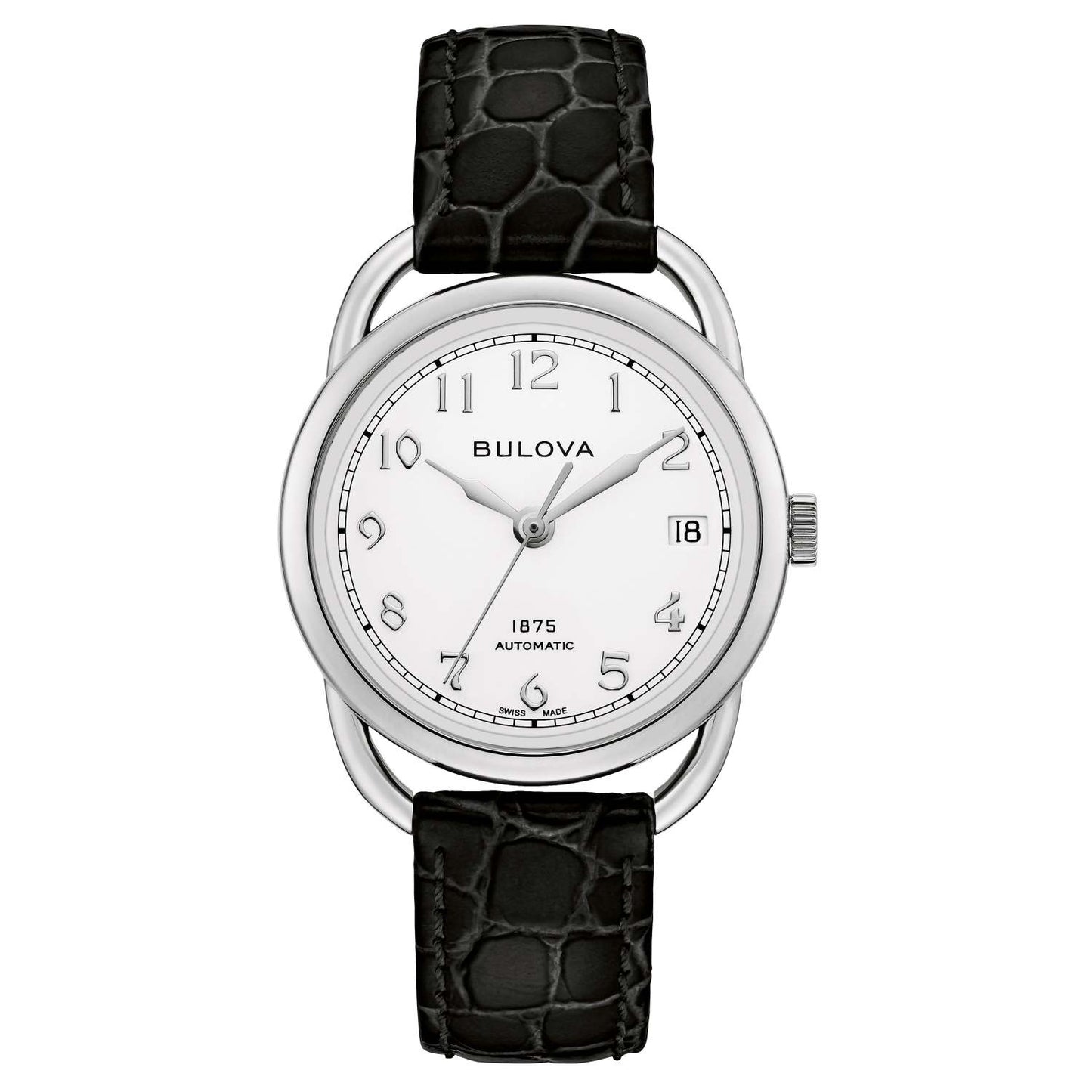 LADIES' JOSEPH BULOVA COMMODORE AUTOMATIC BLACK LEATHER STRAP WATCH, WHITE DIAL