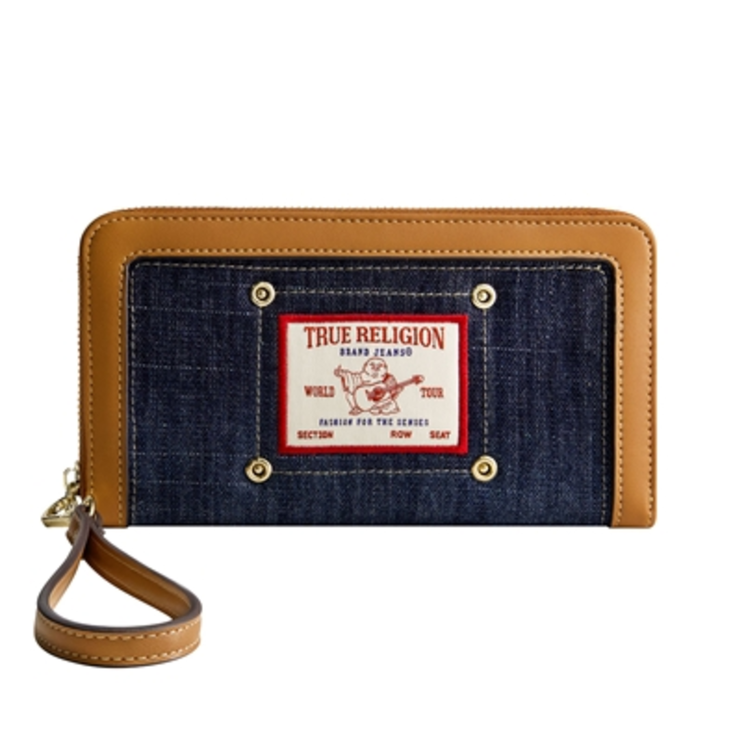BUDDHA PATCH ZIP AROUND WRISTLET, DARK DENIM
