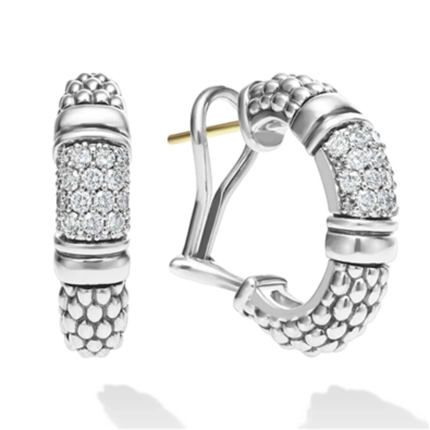 CAVIAR DIAMOND HOOP EARRINGS, STERLING SILVER
