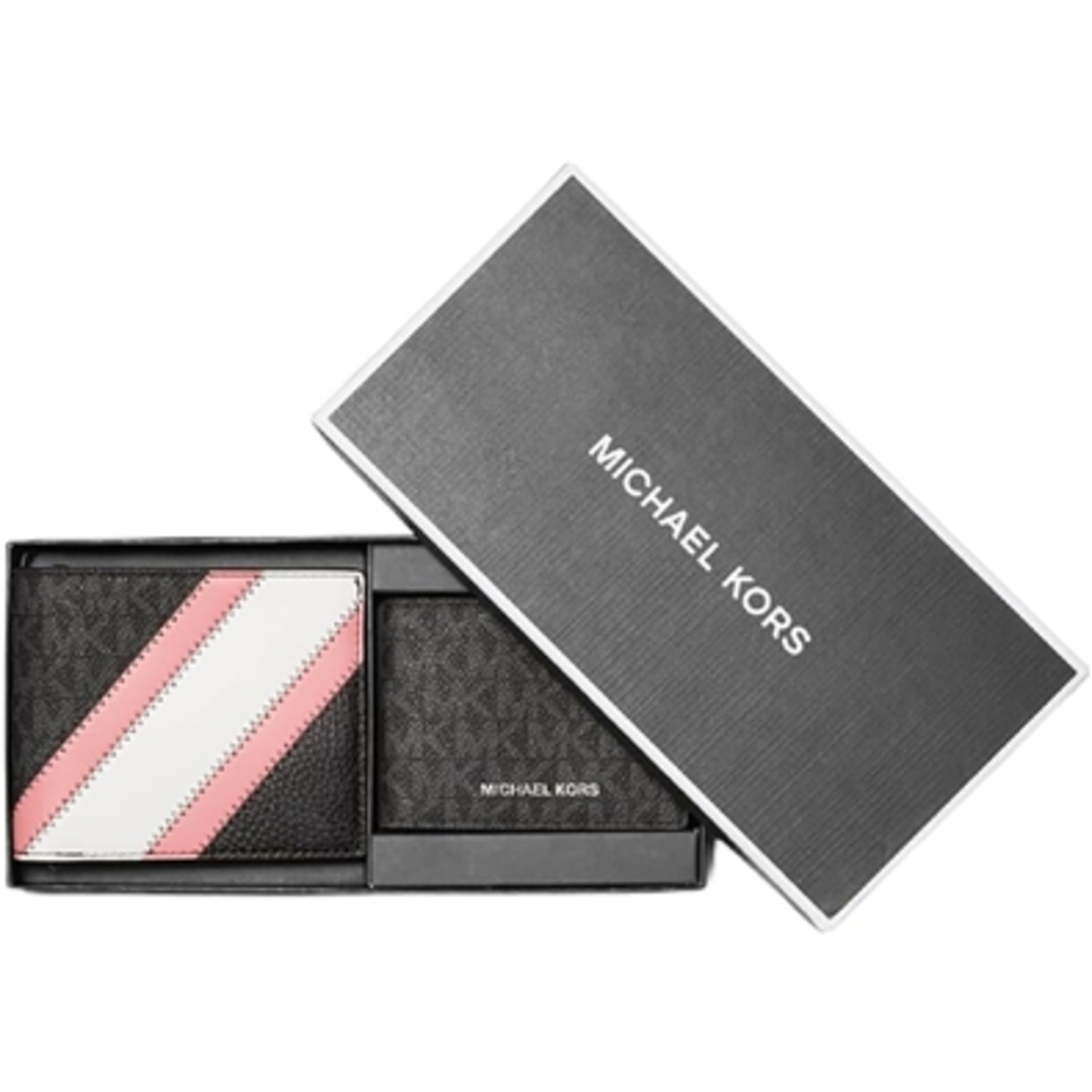 LOGO STRIPE WALLET AND PASSCASE GIFT SET, BLACK/PINK