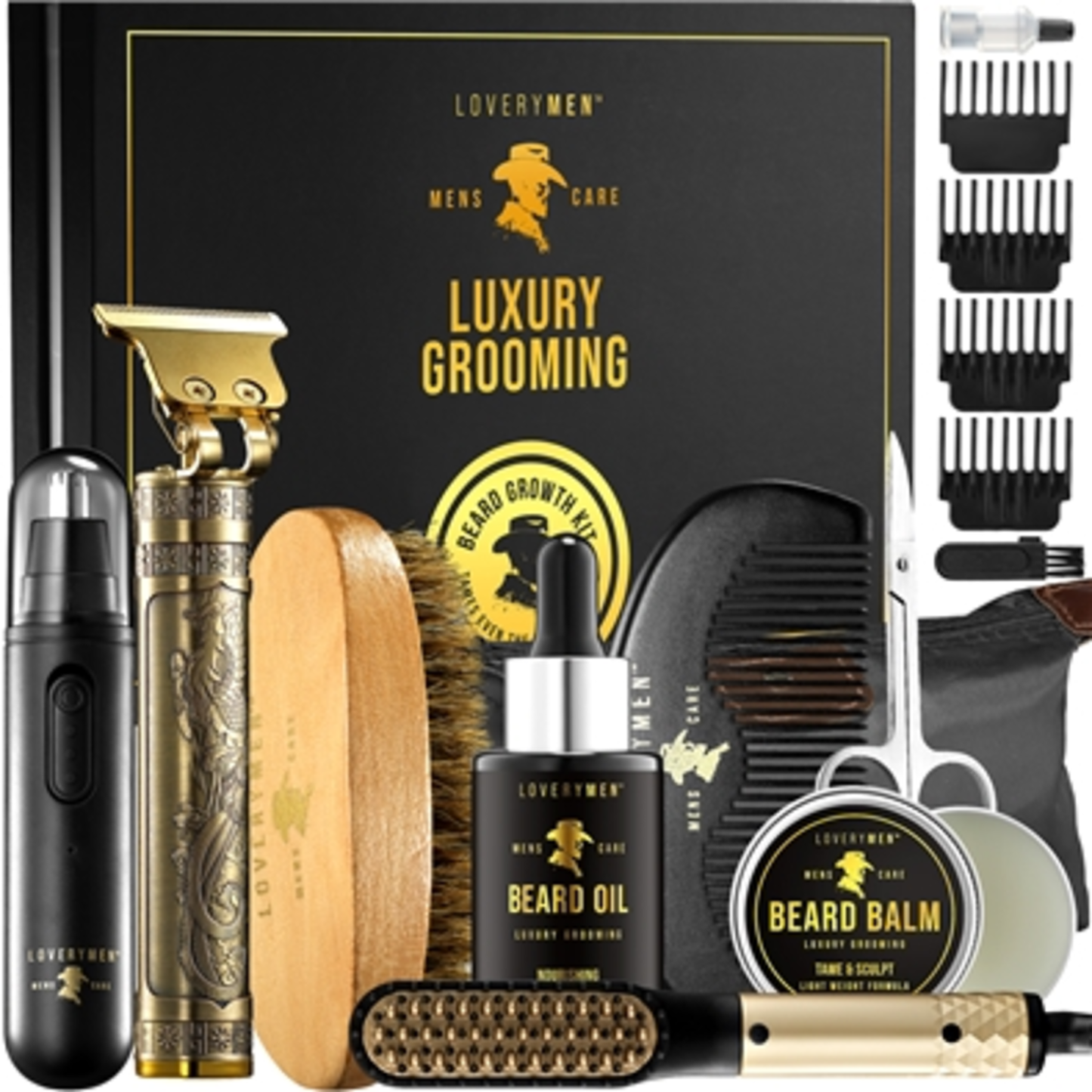 LOVERYMEN BEARD GROOMING KIT, BLACK, GOLD, 15 PIECES