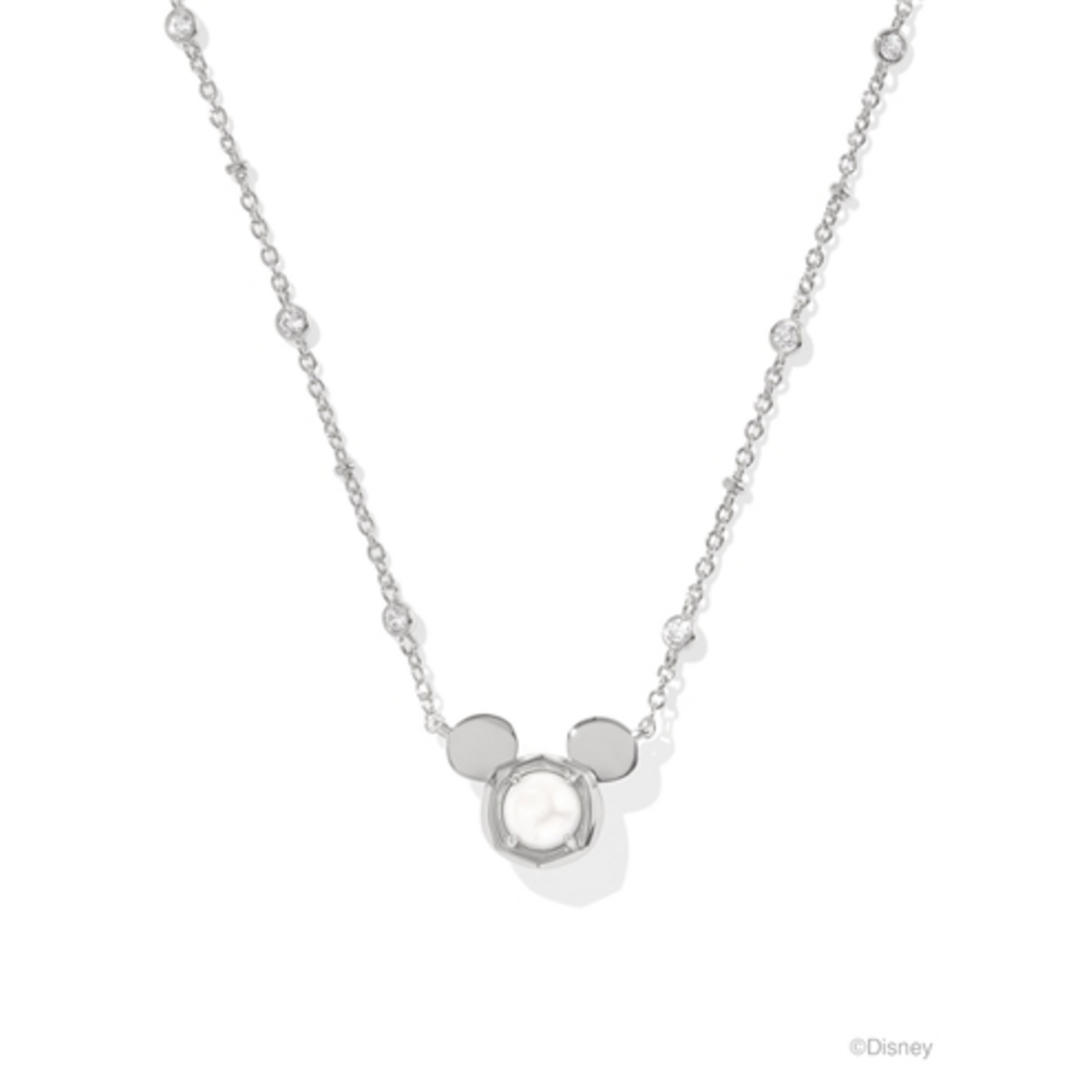 MICKEY MOUSE PENDANT NECKLACE, SILVER WHITE PEARL