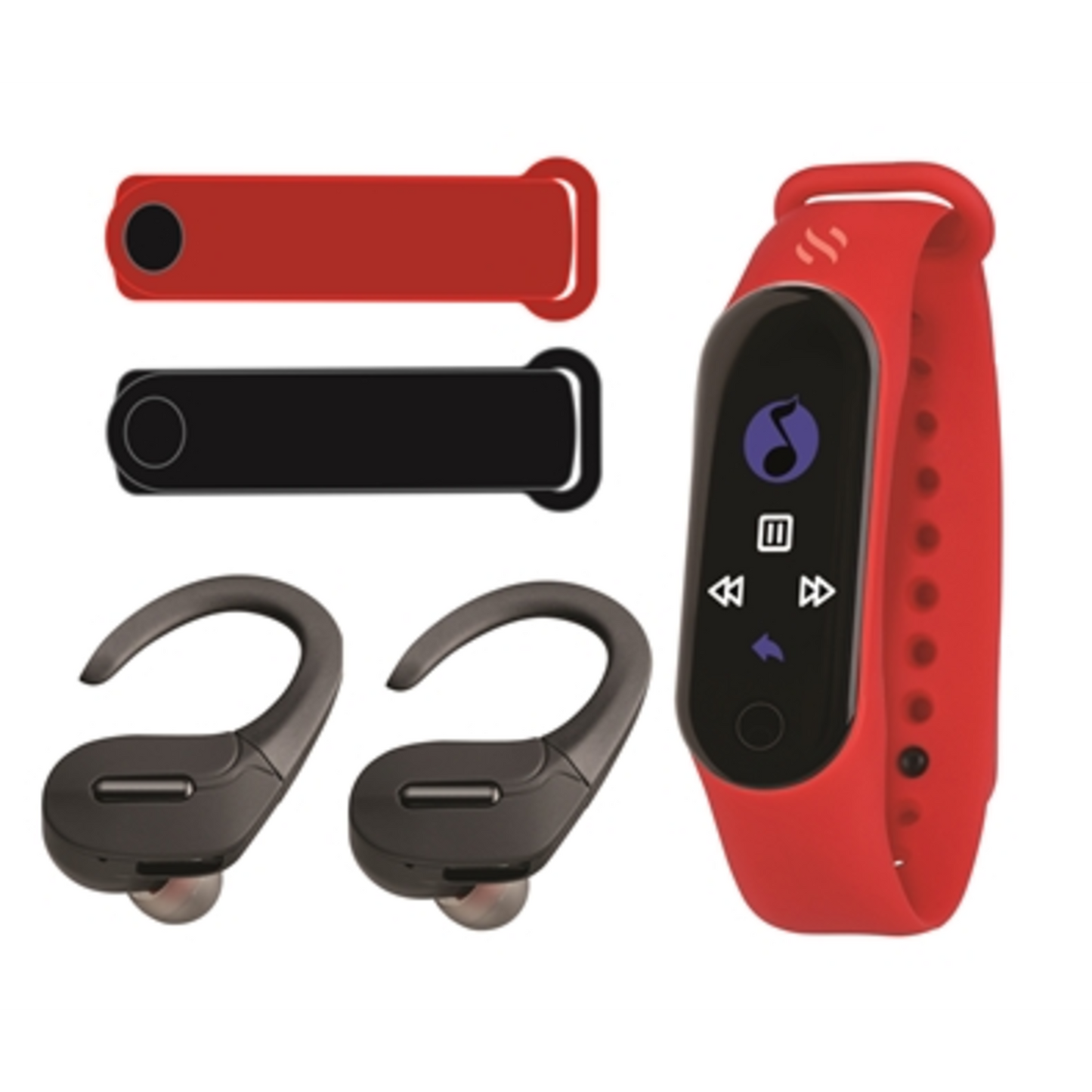 FITNESS TRACKER W/ WIRELESS EARBUDS, BLACK/RED
