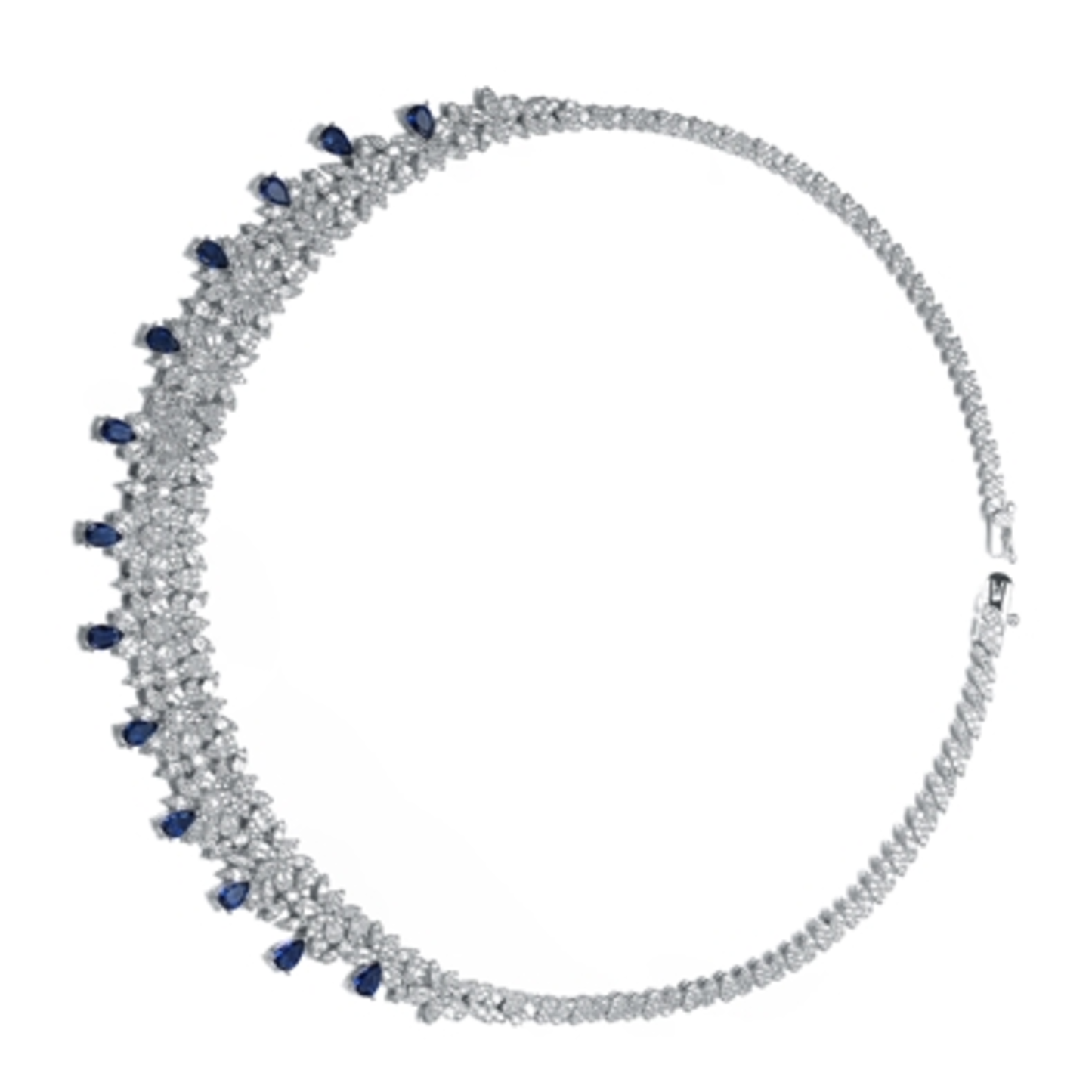 CZ RHODIUM BLUE STATEMENT NECKLACE, BLUE, 16"