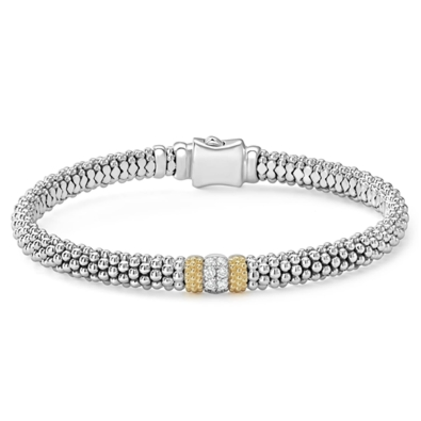 SINGLE STATION DIAMOND CAVIAR BRACELET, STERLING SILVER & 18K GOLD, 6MM