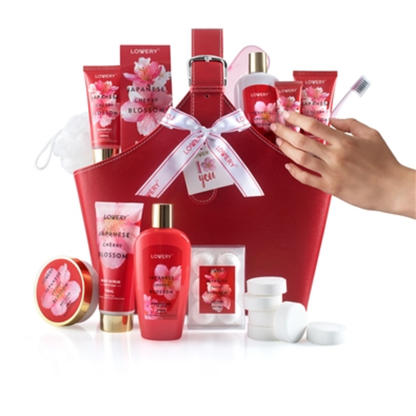 JAPANESE CHERRY BLOSSOM BATH SET, RED, 25 PIECES