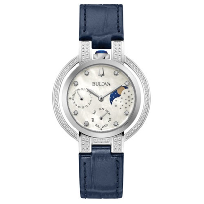 LADIES' RUBAIYAT DIAMOND NAVY LEATHER STRAP WATCH, MOTHER-OF-PEARL DIAL