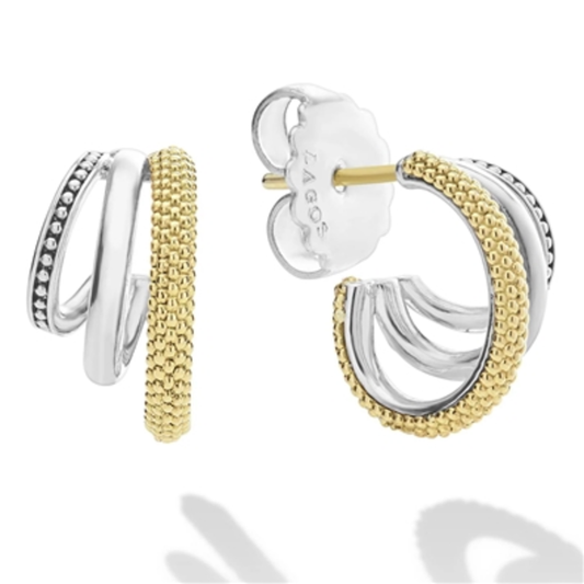 TWO-TONE THREE RING HOOP EARRINGS, 14K GOLD/STERLING SILVER