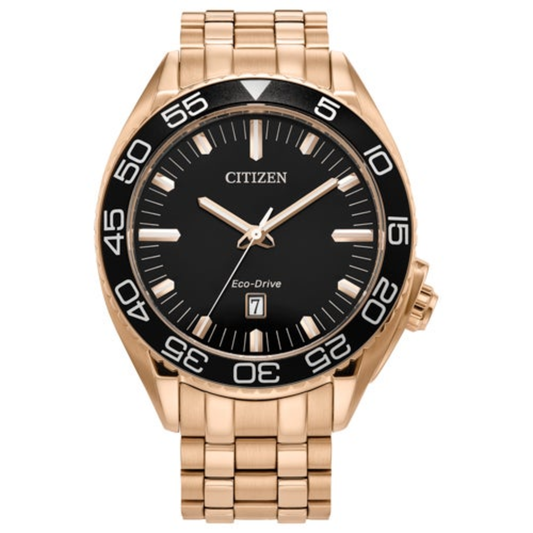 MEN'S CARSON SPORT LUXURY ECO-DRIVE ROSE GOLD-TONE SS WATCH, BLACK DIAL