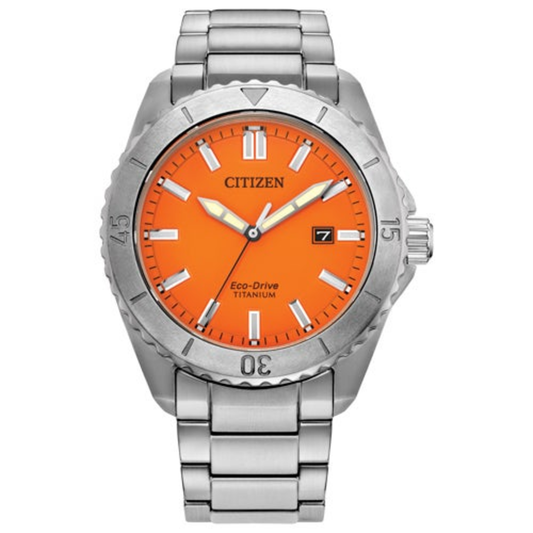 MEN'S BRYCEN SUPER TITANIUM ECO-DRIVE SILVER-TONE SS WATCH, ORANGE DIAL