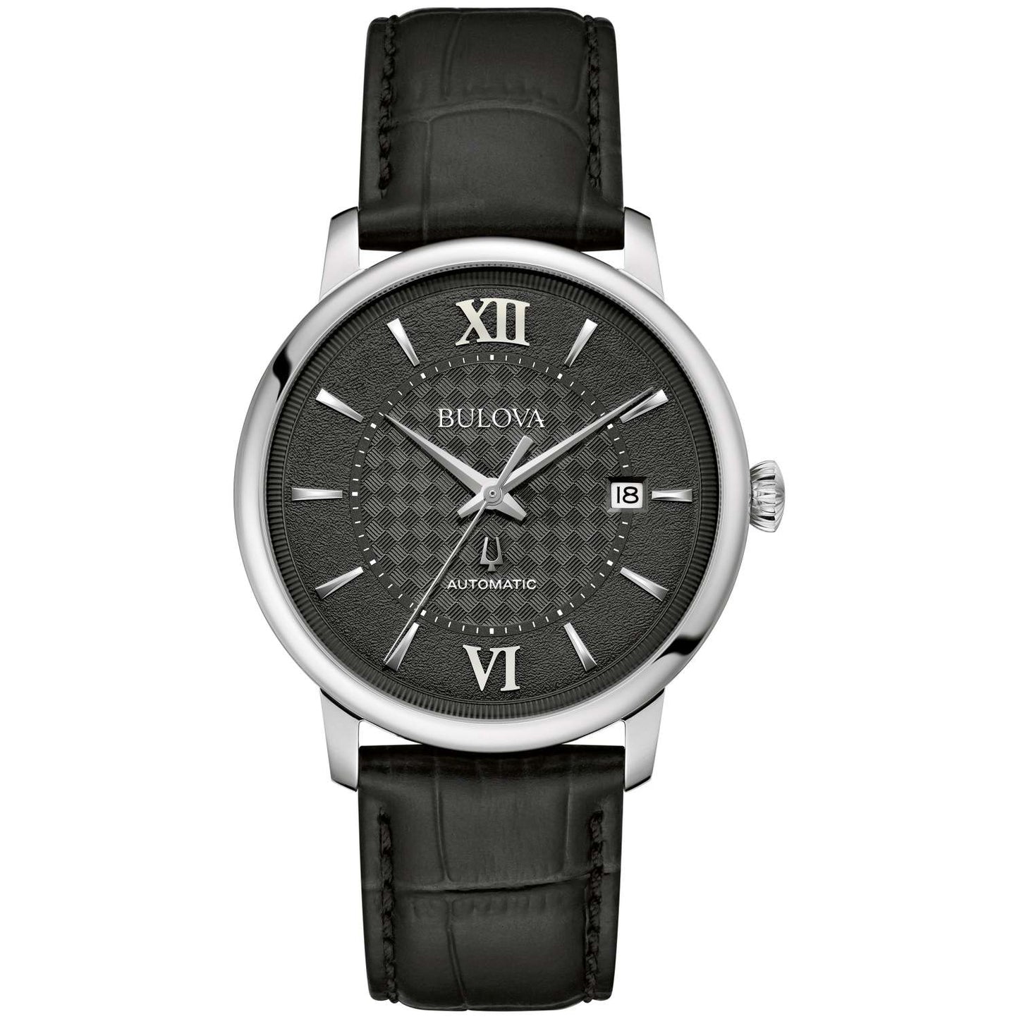 MEN'S HUDSON AUTOMATIC BLACK LEATHER STRAP WATCH, BLACK BASKETWEAVE DIAL