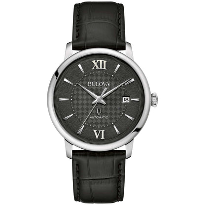 MEN'S HUDSON AUTOMATIC BLACK LEATHER STRAP WATCH, BLACK BASKETWEAVE DIAL
