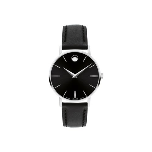 LADIES CORPORATE EXCLUSIVE SILVER & BLACK LEATHER STRAP WATCH BLACK DIAL