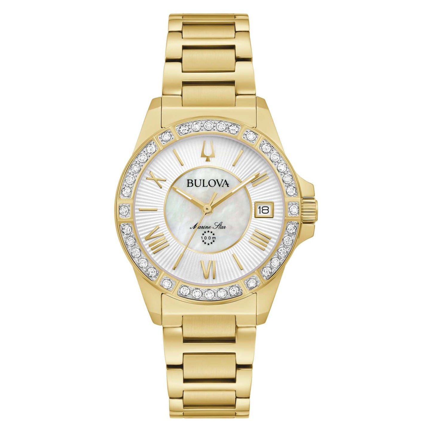 LADIES' MARINE STAR GOLD-TONE STAINLESS STEEL WATCH, MOTHER-OF-PEARL DIAL
