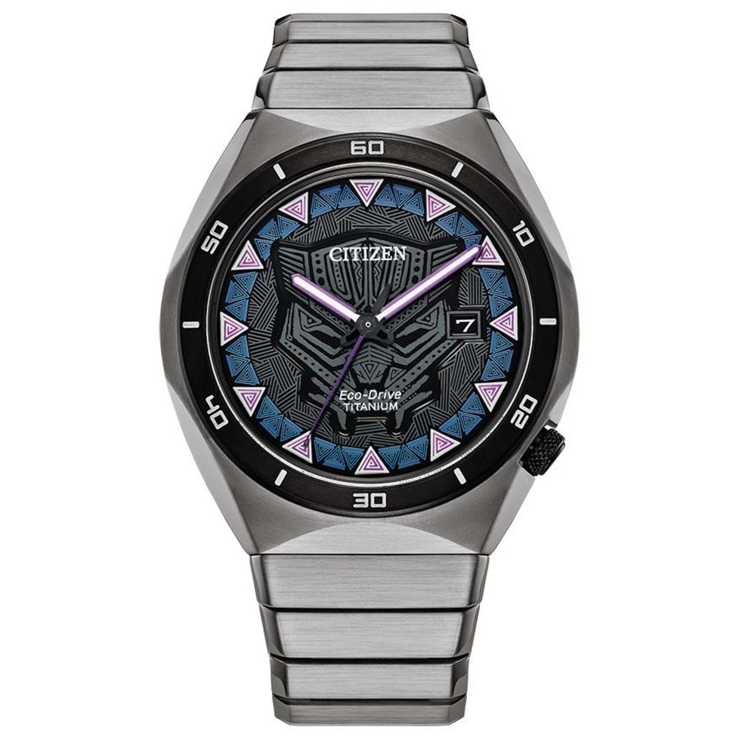 MEN'S BLACK PANTHER ECO-DRIVE SUPER TITANIUM SILVER-TONE WATCH, BLACK DIAL