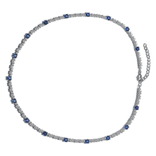 CZ RHODIUM MODERN BLUE TENNIS NECKLACE, BLUE, 18"