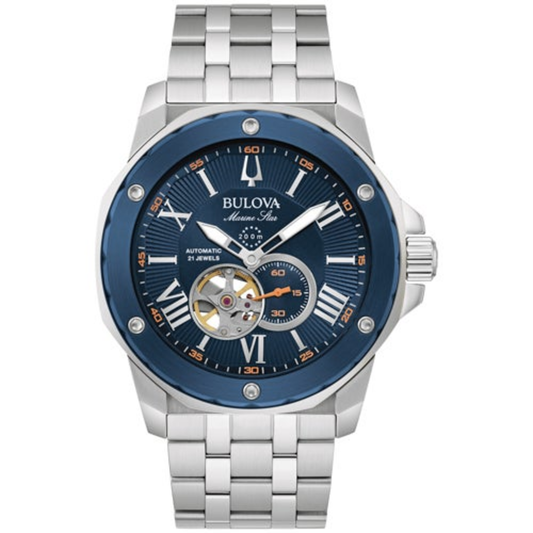 MEN'S MARINE STAR AUTOMATIC SILVER-TONE STAINLESS STEEL WATCH, BLUE DIAL