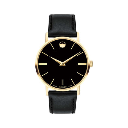 MENS CORPORATE EXCLUSIVE GOLD AND BLACK LEATHER STRAP WATCH BLACK DIAL