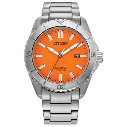 MEN'S BRYCEN SUPER TITANIUM ECO-DRIVE SILVER-TONE SS WATCH, ORANGE DIAL