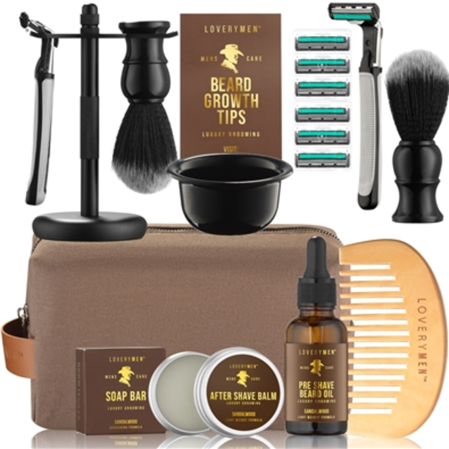LOVERYMEN ULTIMATE BEARD SHAVING KIT, BROWN, SILVER, GOLD, 17 PIECES
