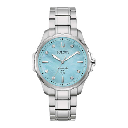 LADIES' MARINE STAR DIAMOND SILVER-TONE STAINLESS STEEL WATCH, BLUE MOP DIAL