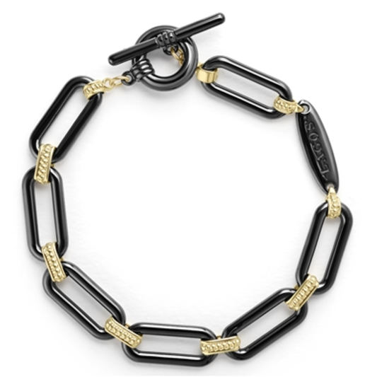 18K GOLD AND CERAMIC LINK BRACELET, GOLD/BLACK, 7"
