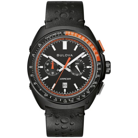 MEN'S RACER CHRONOGRAPH BLACK LEATHER STRAP WATCH, BLACK DIAL