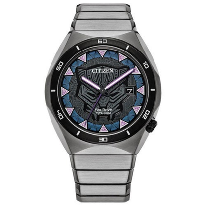 MEN'S BLACK PANTHER ECO-DRIVE SUPER TITANIUM SILVER-TONE WATCH, BLACK DIAL