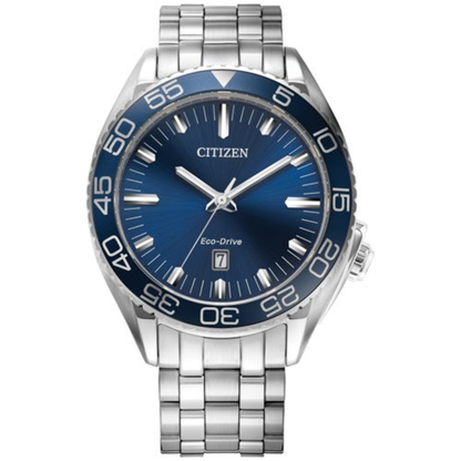 MEN'S CARSON SPORT LUXURY ECO-DRIVE SILVER-TONE STAINLESS STEEL WATCH, BLUE DIAL