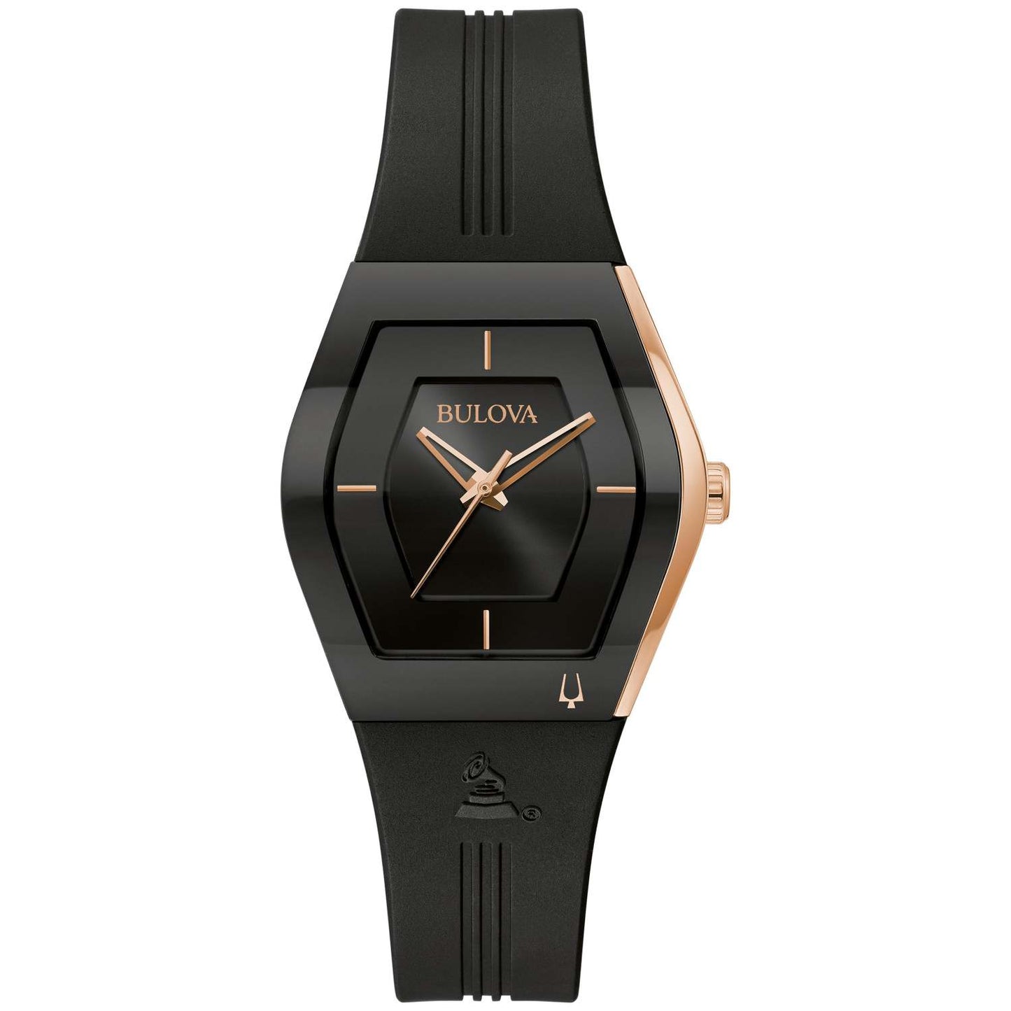 LADIES' GEMINI LATIN GRAMMY BLACK & ROSE GOLD SILICONE STRAP WATCH, BLACK DIAL