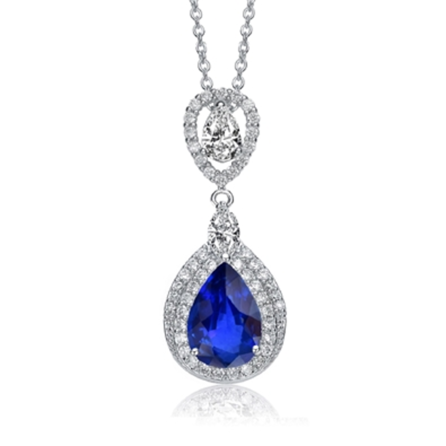 RHODIUM CZ SPARKLING SAPPHIRE NECKLACE, BLUE, 18"