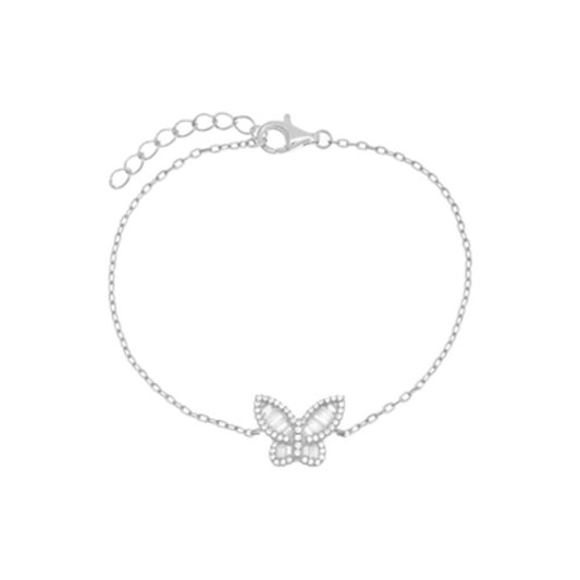 BAGUETTE X PAVE BUTTERFLY BRACELET, SILVER, 7"