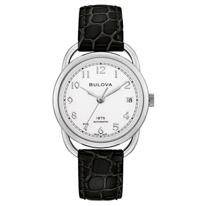 LADIES' JOSEPH BULOVA COMMODORE AUTOMATIC BLACK LEATHER STRAP WATCH, WHITE DIAL
