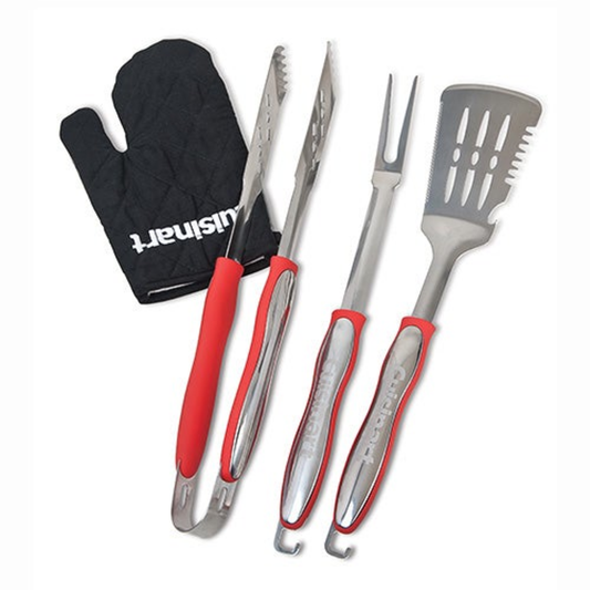 3PC GRILLING TOOL SET W/ BLACK GRILL GLOVE RED