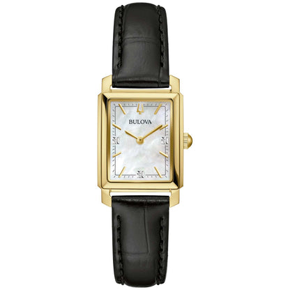 LADIES' SUTTON SILVER & BLACK LEATHER STRAP RECTANGLE WATCH, MOP DIAL