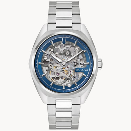 MEN'S SURVEYOR AUTOMATIC SILVER-TONE STAINLESS STEEL WATCH, SILVER SKELETON DIAL