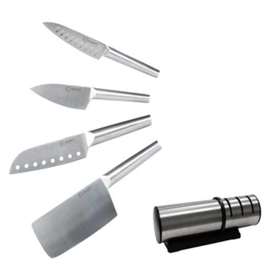 STRAIGHT 5PC CUTLERY SET/SHARPENER, BLACK/SILVER