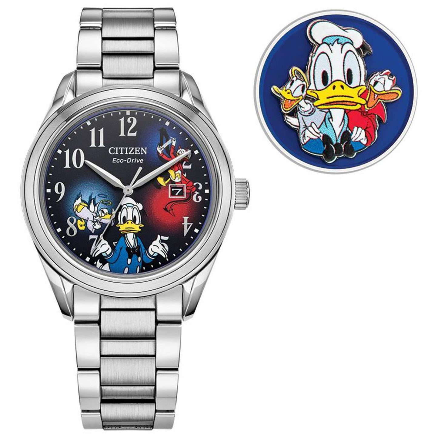 MEN'S FEISTY DONALD DUCK 90TH ANNIVERSARY ECO-DRIVE SILVER SS WATCH, BLUE DIAL