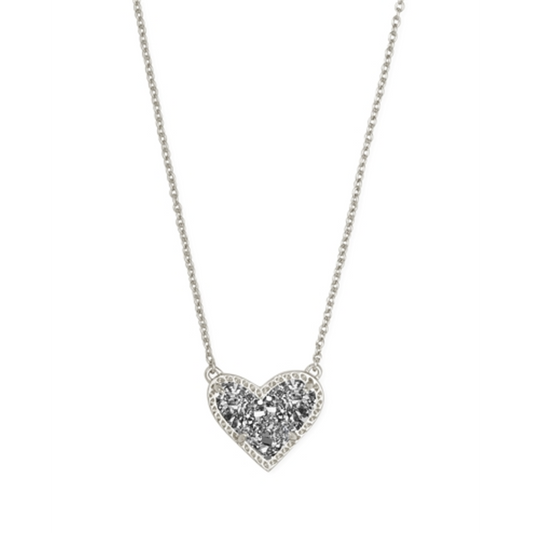 ARI HEART SHORT PENDANT NECKLACE, RHOD PLATINUM DRUSY