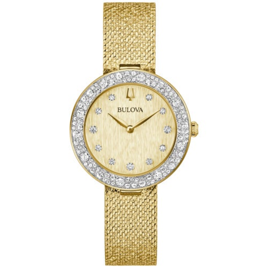 LADIES' CHAMPAGNE CRYSTAL GOLD-TONE MESH STRAP WATCH, GOLD DIAL