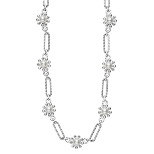FLEUR PEARL LINK NECKLACE, STERLING SILVER
