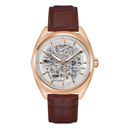 MEN'S SURVEYOR AUTOMATIC LEATHER STRAP WATCH, SKELETON DIAL