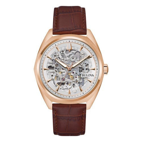 MEN'S SURVEYOR AUTOMATIC LEATHER STRAP WATCH, SKELETON DIAL
