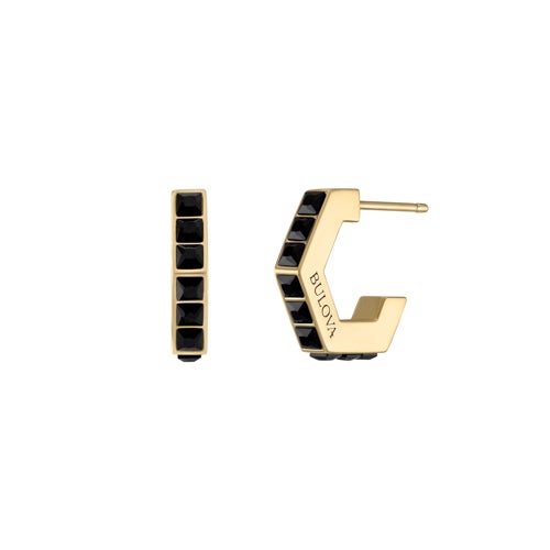 ICON GOLD-TONE & BLACK SPINEL C-HOOP HEXAGON EARRINGS 14MM