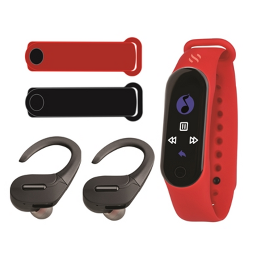 FITNESS TRACKER W/ WIRELESS EARBUDS, BLACK/RED