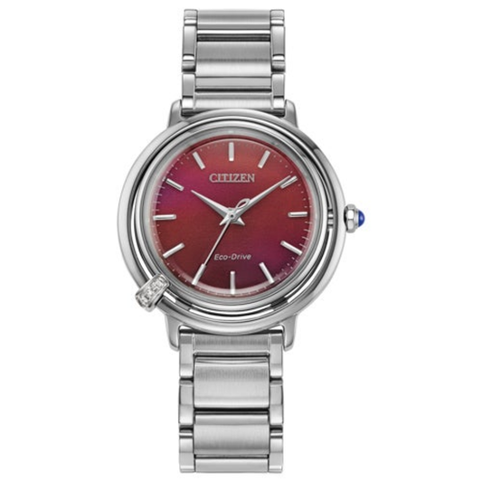 LADIES' ARCLY ECO-DRIVE SILVER-TONE STAINLESS STEEL WATCH W/ STRAP, RED DIAL